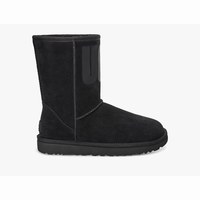 Botas UGG Classic Short Rubber Logo Mulher Pretas | PT-YDSBQ